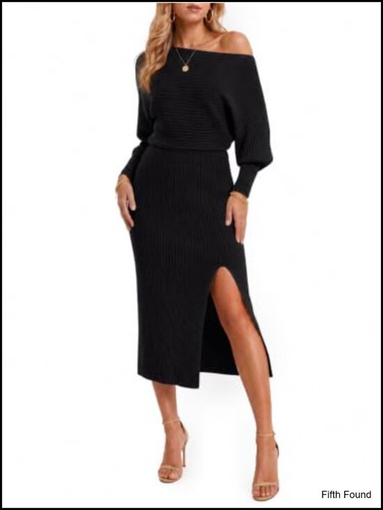 Dresses & Skirts - Wenrine Off the Shoulder Ribbed Knit Sweater Dress Side Slit Midi Bodycon